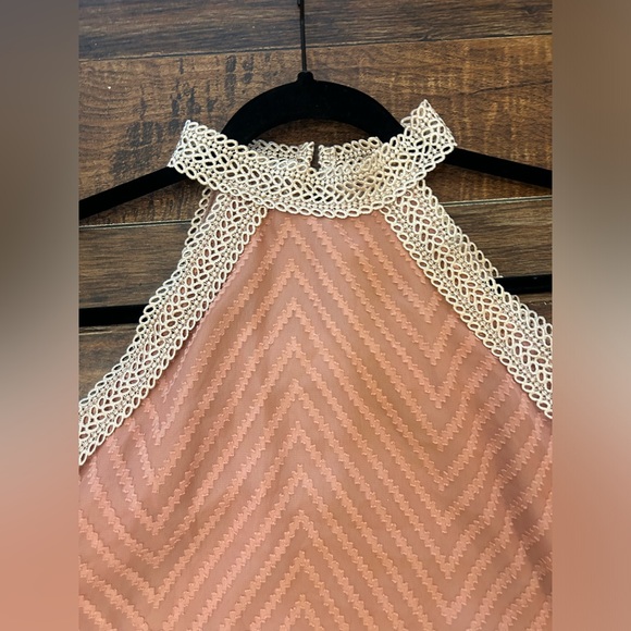 Lace Halter Peach Tank Top Blouse with Keyhole Closing on back. - Picture 2 of 8